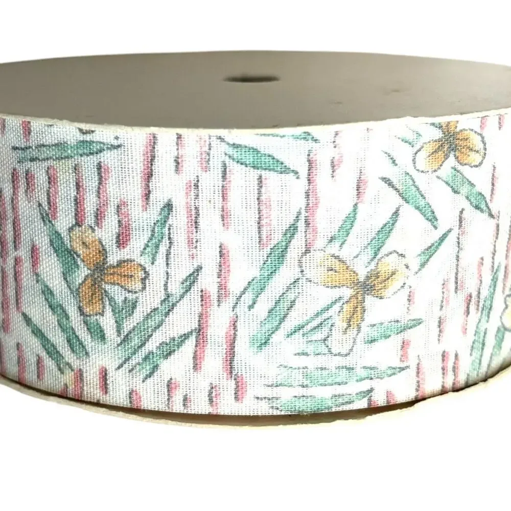 Vntg Fabric Ribbon Spool Iris Retro Green Peach 10 ft 1-7/16 inch Wide 80s 90s